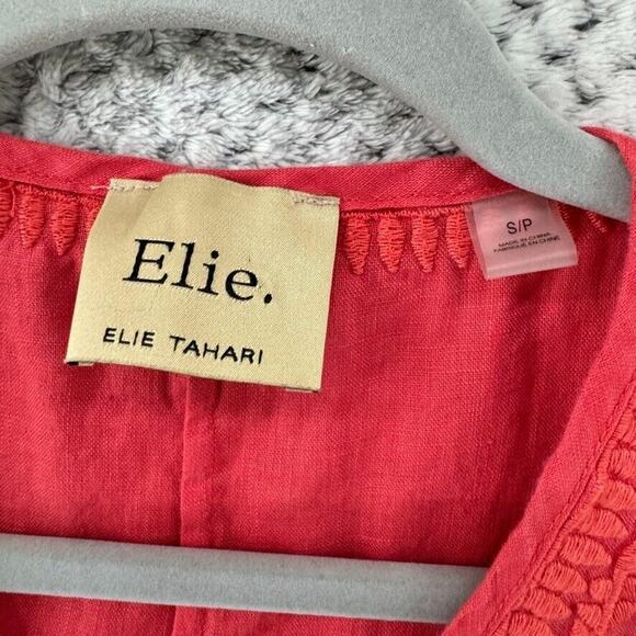 Eli Tahari Top Womens S Orange Linen Tank V-Neck Embroidered Boho Beach Resort - Picture 2 of 12